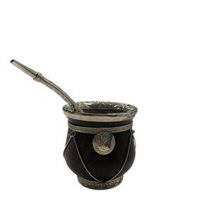 Elegant Silver and Brown Yerba Mate Gourd with Bombilla